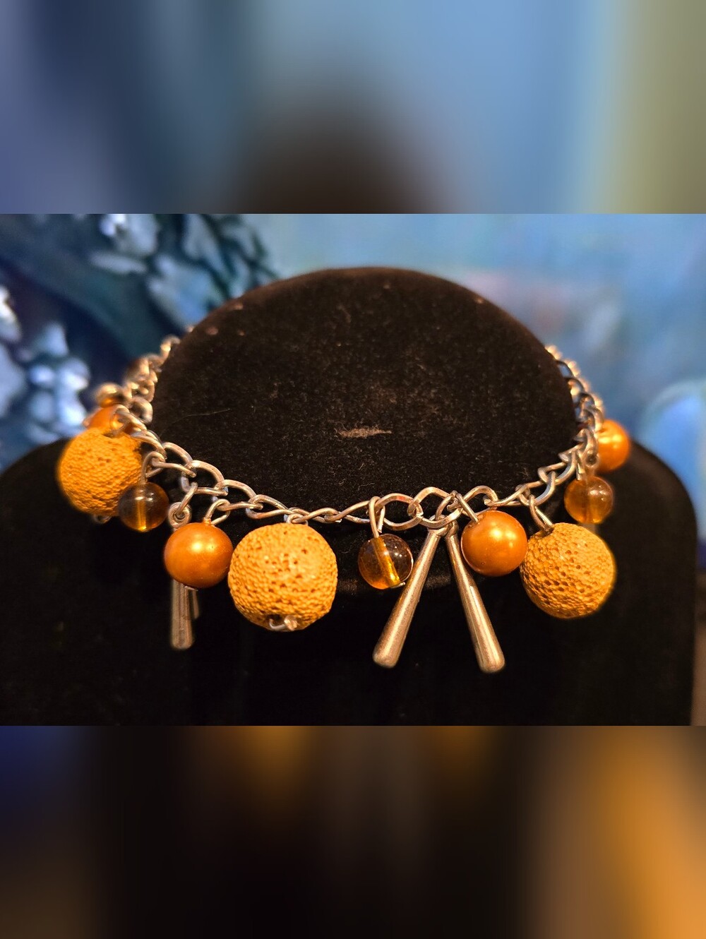 Vintage Wooden And Amber Glass Charm Bracelet with Silver Accent Bars